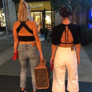 TOWN  Raw Silk Puff Sleeve Open Back Crop Top